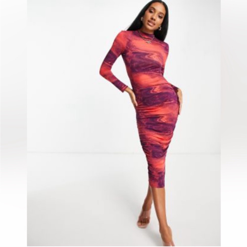 NWT- MIDI SZ10 MESH DEEP OPEN BACK DRESS /RED & PURPLE / ABSTRACT